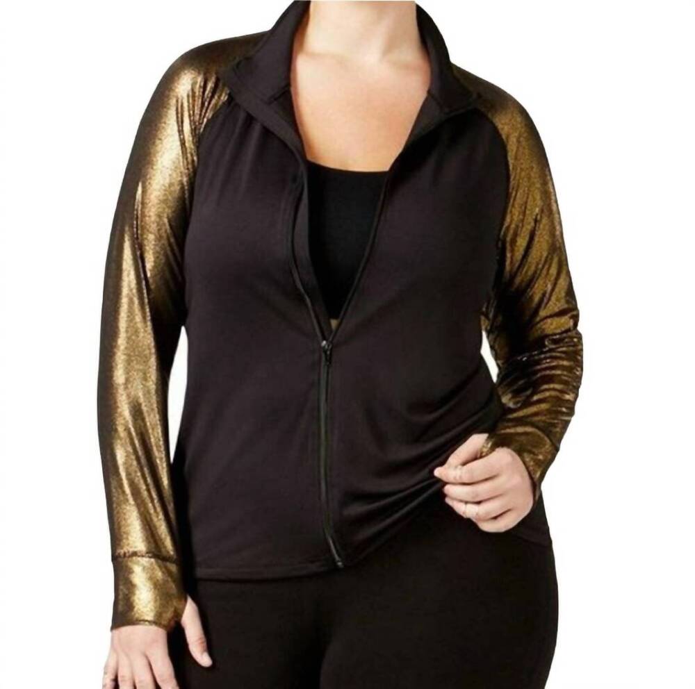 NEW MATERIAL GIRL women's active plus size metallic sleeve jacket in black/gold